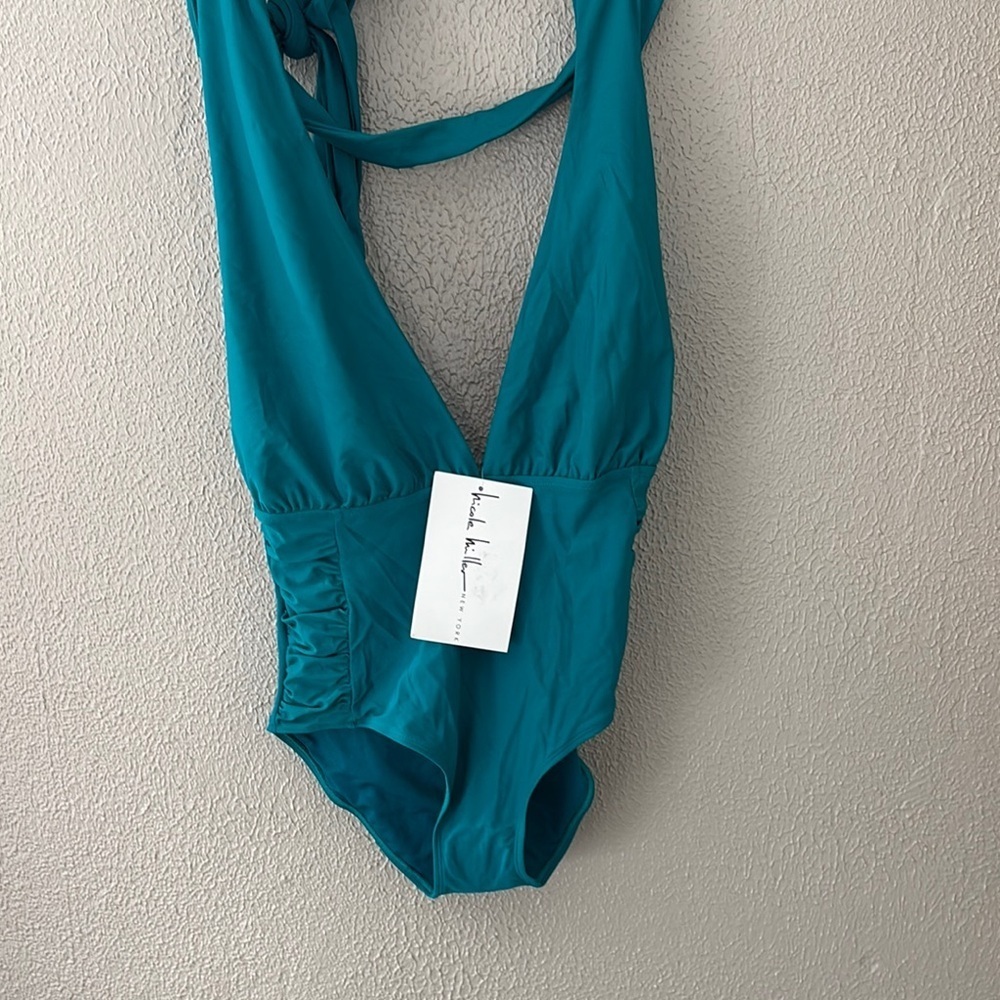 NWT Nicole Miller 6 Way Convertible One-Piece Swimsuit Plunge Quetzal Green Sz M
